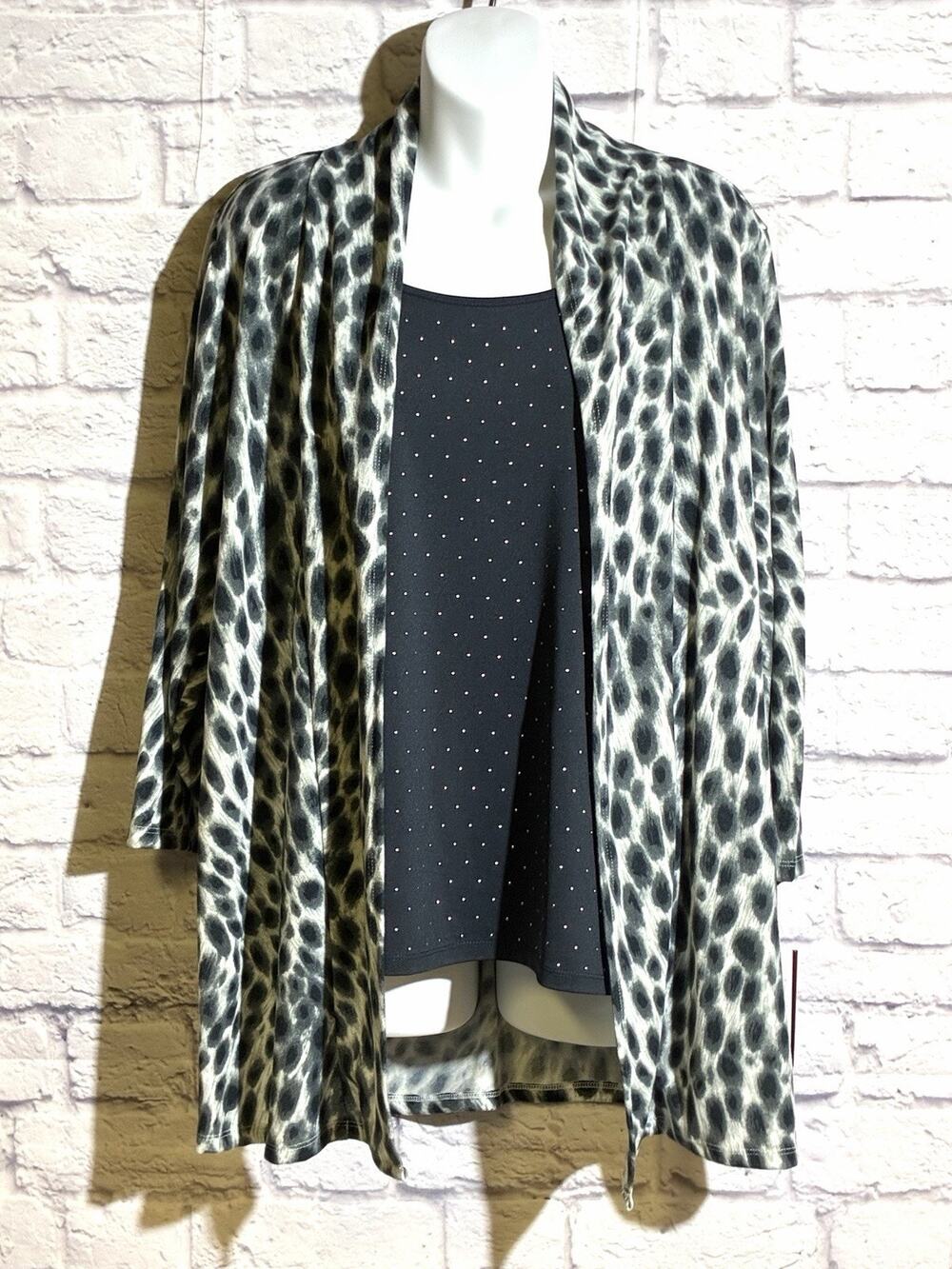 NWT Cathy Daniels Large Leopard Flyaway 2 in 1 Rhinestone Top Cardigan